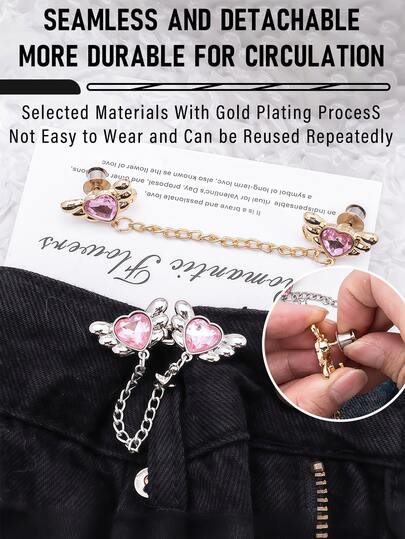 2个女士金属时尚束腰带纽扣，镶钻心形合金可拆卸可调节腰夹，适用于裤子和裙子，休闲日常佩戴，送朋友的礼物