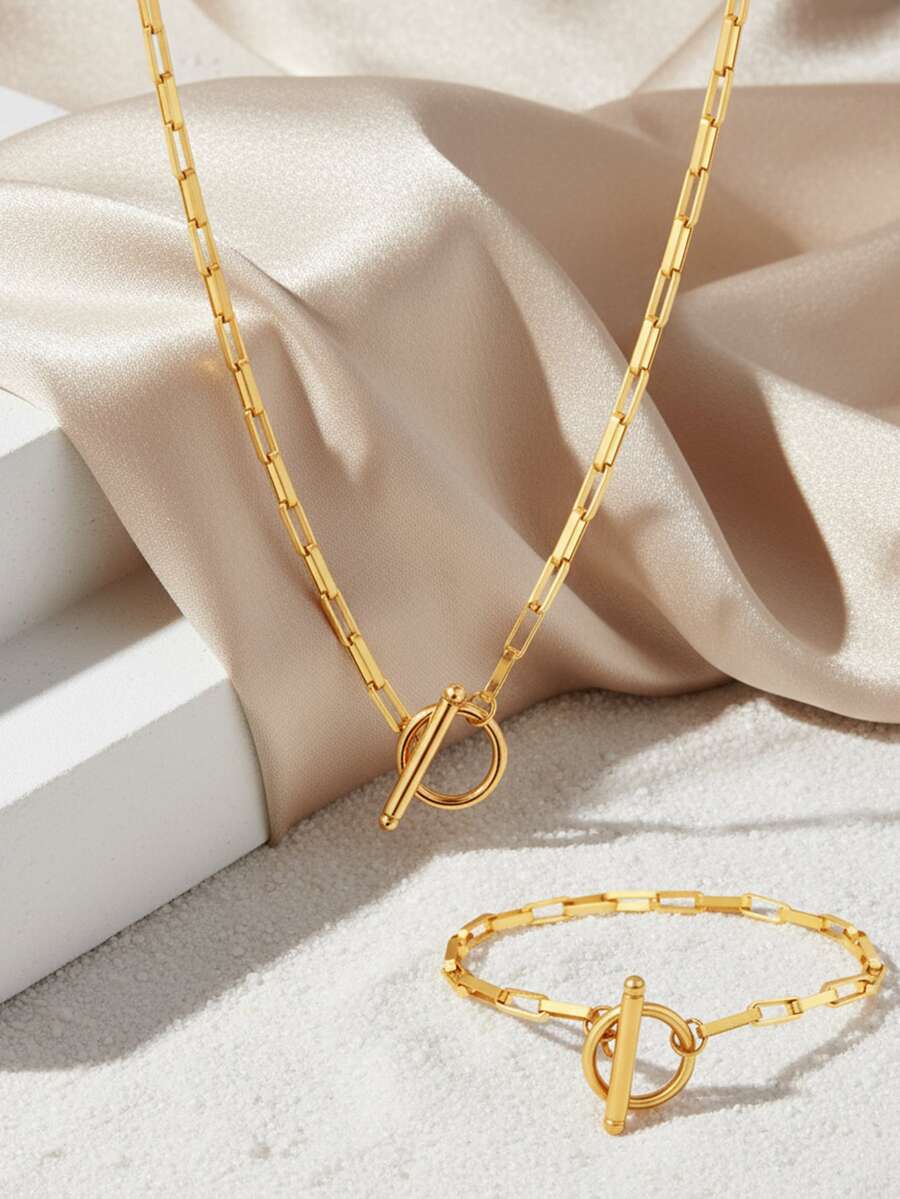 Bộ trang sức thép không gỉ 2 món dành cho nữ, độ dài dây chuyền vừa phải, phong cách sang trọng cổ điển, bộ dây chuyền và vòng tay xích tròn vàng, chi tiết tinh tế, thích hợp đeo hàng ngày và đi làm, phù hợp cho mọi mùa - vòng cổ + vòng tay - Xem 1