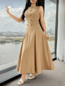 Elegant Sleeveless Long Dress With Defined Waist And V-Neck For Women - Màu Khaki - Xem 4