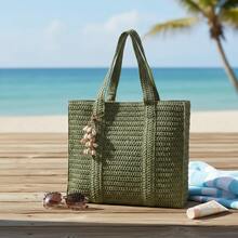 Women's Large Braided Straw Beach Bag With Shell Pendant - Chic, Casual, Elegant - 綠色 - 查看 2