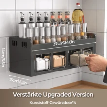 [4 Fächer-Design][37 cm * 13 cm * 14 cm]Wandmontierter Schubladenspender mit 4 Fächern, geeignet zum Aufbewahren von Gewürzen, Salz und Glutamat in Haushaltküchen, bohrfreie Gewürzaufbewahrung, Küchenzubehör, Küchen-Salz- und Pfefferstreuer / Gewürzfläschchen - Vier schwarze Gitter - Übersicht 4