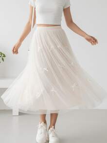 DPShop Apricot Tulle Midi Skirt With Black Bow - A Sweet And Elegant Dress For Dates/School Parties - Bướm trắng mơ - Xem 2