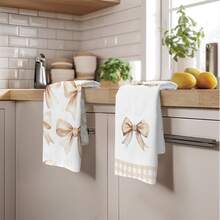 2pcs Simple Daily Coffee Color Bow Pattern Kitchen Towels, Soft Polyester Material Dish Cloths, Suitable For Kitchen Decor, Kitchen Cleaning, Holiday Party Decor, Kitchen & Bathroom Essentials, Home Decor, Housewarming Gift - Multicolor - View 9