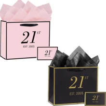 1 Set/2 Sets/5 Sets, 21st Birthday Gift Bags & Cards, Thin Paper, Unisex, 2005/21 Years Elegant Black & Gold Anniversary Party Gift Wrapping Paper Bags (Black/Pink) - Multicolored 21 Years Old - View 4