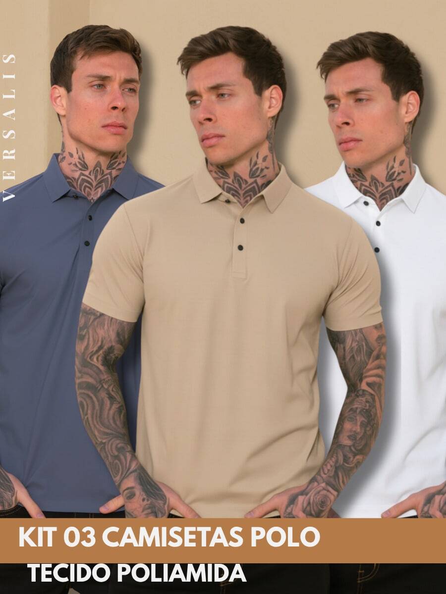 Kit Of 3 Premium Polyamide Polo Shirts For Men With Collar And Buttons, Breathable Fabric - Steel Blue/Beige/White - View 1