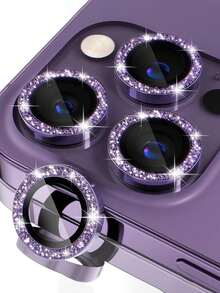 3 piezas Película protectora de lente de cámara para iPhone 14 Pro/14 Pro Max/17/16 Pro Max/16 Pro/15 Pro Max/15 Pro/13 Pro Max/13 Pro/12 Pro Max/13 Pro/12 Pro/11, Cubierta de lente de vidrio templado 9H, Accesorios decorativos de metal, Brillo morado