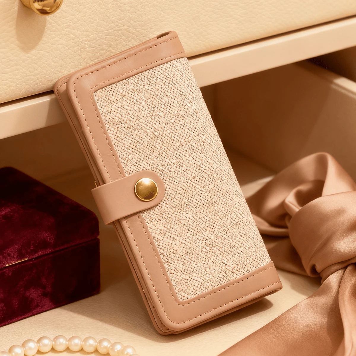 1PC Cartera larga para mujer con botones a presión multicolores, elegante y sofisticada, con gran capacidad y múltiples ranuras para tarjetas. Ideal para desplazamientos de trabajo o salidas de compras. Fabricada en piel sintética con paneles texturizados y cierre con botones a presión, ofrece un estilo elegante y práctico. - Caqui - Ver 1