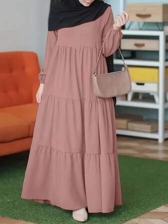 Långärmad morgonrockklänning med volangkant, elegant långklänning, damkläder