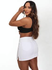 Denim Shorts Skirt With Side Slit. - Blanco - Ver 2