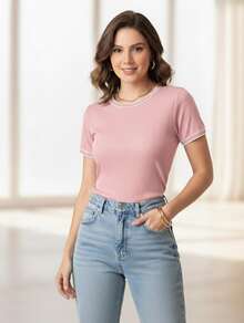 Women's Basic Short-Sleeve Round Neck Blouse In Ribbed Fabric With Details On The Neck And Sleeves - Baby Pink - View 1