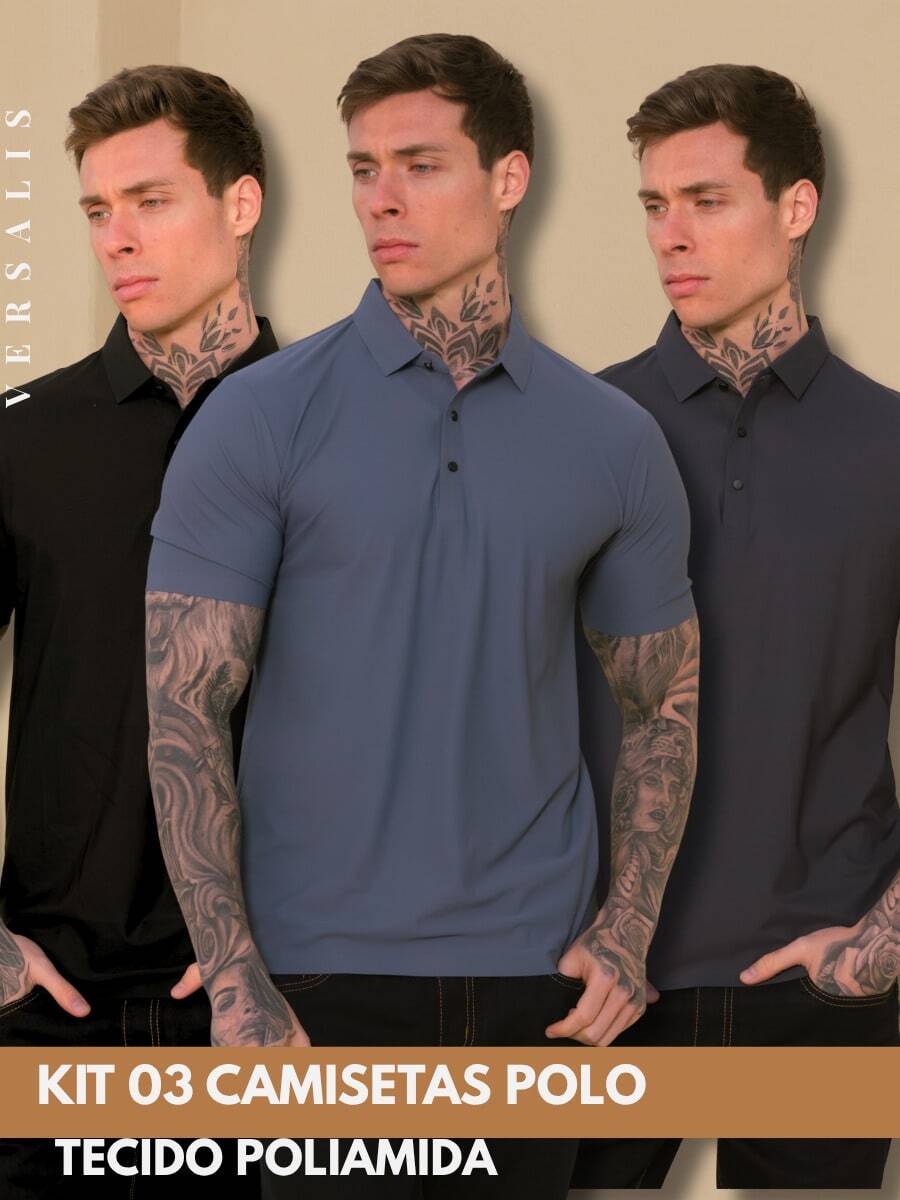 Kit 03 Premium Polyamide Polo Shirt Men's Shirt With Collar And Button Breathable Fabric - 黑色/鋼藍/鉛色 - 查看 1