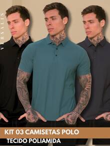Kit 03 Premium Polyamide Polo Shirt Men's Shirt With Collar And Button Breathable Fabric - 黑色/綠色/鉛 - 查看 1