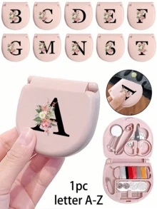 1个蓝色缝纫工具盒，金色三花字母图案，金色A-Z字母图案，缝纫初学者完美礼物：1套便携式迷你缝纫工具包 - 可折叠，DIY缝纫用品和配件，适合旅行者和应急衣物收纳，迷你针盒，便携式小型针包，缝纫工具组合套装，适合酒店、宿舍、学校必备