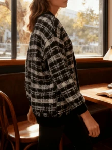 Women's Black And White Checkered Knit Cardigan, Loose Fit, Deep V-Neck, Long Sleeves, Button-Down Front Design, Creating A Stylish Holiday Café Look. - Black and White - View 5