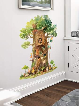 1张奇幻树屋卡通墙贴，适用于儿童房 - 自粘可移除PVC贴纸，带有树叶和彩色人物图案，幼儿园墙贴，背景装饰礼品