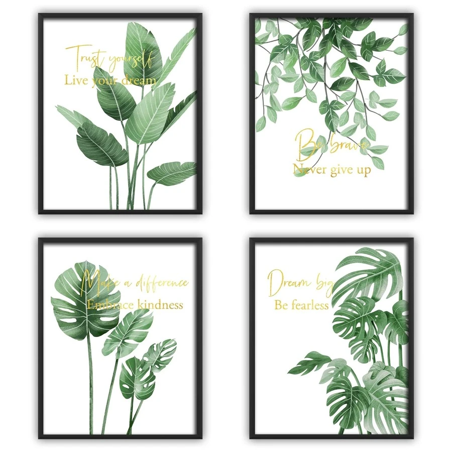4pcs Frameless Canvas Print Posters, Botanical Boho Green Plants Wall Arts Decor, For Living Room Wall Decor, Bedroom Wall Decor, Canvas Wall Art Decor