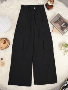 Pantalones cargo con bolsillo lateral con solapa - Negro - Ver 1