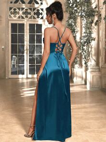 Women's Elegant Solid Satin Spaghetti Strap Ruched Decor Back Tie Open Slit Dress, Suitable For Banquet, Party, Wedding Bridesmaid - Lake Blue - View 2