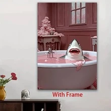 Framed 2D Flat, 1pc Framed Canvas Wall Art - Whimsical Shark In Pink Bathtub Scene, Modern Classic Style, Ready-To-Hang Indoor Decor For Living Room, Bedroom, Office, Unique Birthday & Holiday Gift, Bedroom Artwork, Playful Design, Vibrant Colors, Readytohang Artwork, Home Decoration, Durable Frame, Decorative , Party Planners, 2D Flat - Đóng khung - Xem 4