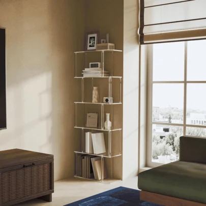 1 Juego de estantería de acrílico transparente moderna y geométrica de 6 niveles con forma de S, mejor estantería de exhibición para decoración del hogar en sala de estar, dormitorio, oficina, fácil de ensamblar y desarmar