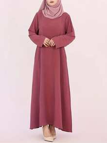 圆领长袖土耳其长连衣裙，优雅纯色及地长裙，女装 - 粉色 - 查看 5