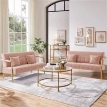 1pc Velvet Upholstered Sofa Couch, Chic Sofa With Mid-Height Backrest, Elegant Loveseat With Gold-Tone Metal Legs For Bedroom, Studio, Office - 粉色 - 查看 8