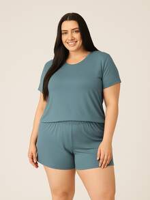 Women's Plus Size Pajama Set With Star Print And Short Sleeves - Azul - Ver 5