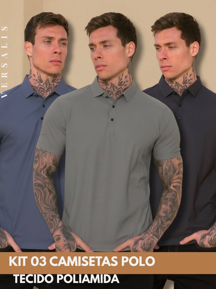 Kit Of 3 Premium Polyamide Polo Shirts For Men With Collar And Buttons, Breathable Fabric - Steel Blue/Gray/Lead - View 1