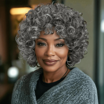 Pelucas cortas rizadas afro con flequillo, pelucas de sal y pimienta para mujeres, elegante cabello sintético resistente al calor, fácil de poner y usar para uso diario, cosplay, festival