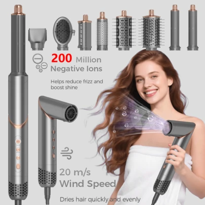 UKLISS 8-In-1 Hot Air Styling Tool | 200M Negative Ions + 110K RPM Motor | Auto Curler/Straightener | Smooth/Dry, One-Touch Cool Shot (Fast Setting) | 8 Detachable Heads, 90° Foldable | Fast Heating, Wet/Dry, All Hair Types | Ideal Holiday Gift (Home/Salon/Travel)