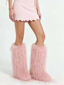 Women Fashionable Fluffy Winter Christmas Furry Knee High Long Boots Pull-On Faux Fur Round Toe Boots Warm Boots Outdoor Flat Shoes Party Casual Winter Fall Boots - Hồng C - Xem 6