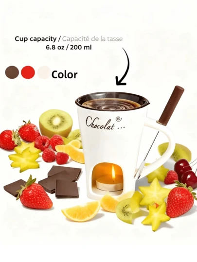 3PCS Chocolate Ceramic Fondue Cup Set, Packed In Protective Foam, Includes Forks And A Candle, Comes With A Mini Fondue Heater, Suitable For Cheese, Caramel, And Spanish Snacks, An Ideal Gift For Valentine's Day, New Year, Birthdays, And Weddings.