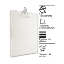 Prancheta A4 acrílico transparente com pegador em plástico DelloColor - Transparente - Visão 1