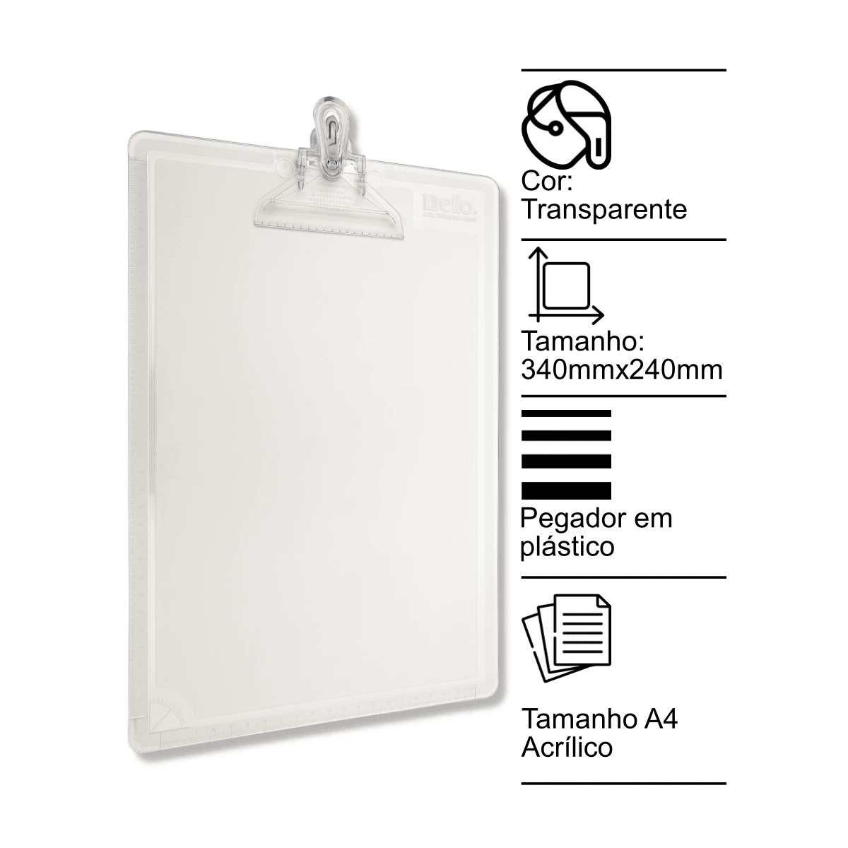 Prancheta A4 acrílico transparente com pegador em plástico DelloColor - Transparente - Visão 1