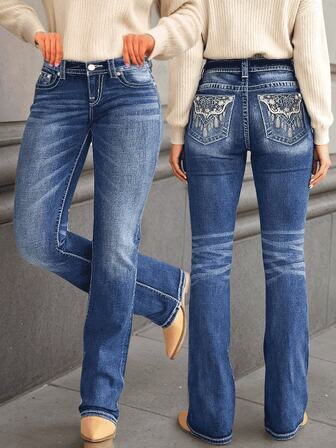 New Women's Embroidered Slim Fit Washed Denim Jeans, Fashionable Women's Jeans