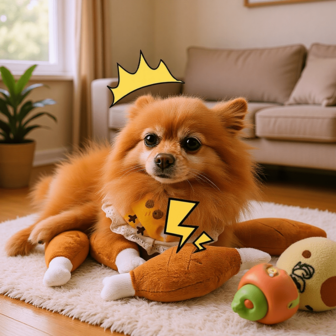 1个骨头形状的鸡腿毛绒发声玩具，适合猫狗，室内外均可玩耍和咀嚼。