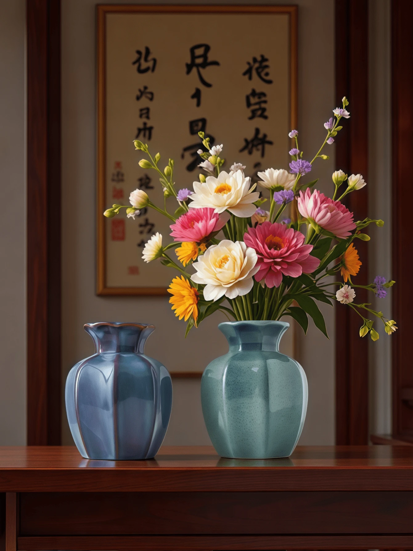 1个八角形陶瓷花瓶，青蓝色，经典中式设计，可注水插花，适合摆放在玄关、桌面等多种场合。 - 彩色 - 查看 1