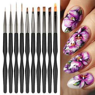 10pcs Professional Nail Art Brush Set, Line Drawing And Blending Dotting Pen, Beginner'S Professional Manicure Tool Kit, Unscented, With Hook Line Function, For Nail Art And Manicure, Nail Art Supplies, Nail Art Brushes