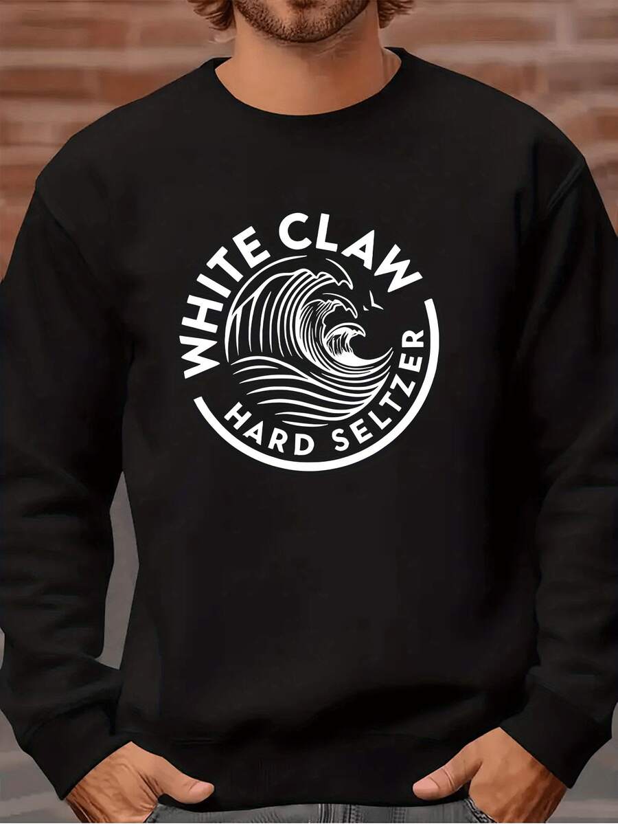 Men Black Surf Graphic Crewneck Sweatshirt Soft Retro Surfing Lifestyle Pullover With White Claw Wave Print Long Sleeve Round Neck Sweater For Beach Outings Surfing Streetwear Fashion Machine Washable Durable Comfortable Fabric - 黑色 - 查看 1