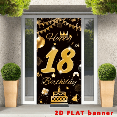 2D Flat Banner18th Birthday Door Banner Decoration, Polyester Hanging Door Cover Sign, Black And Golden Party Backdrop, No Electricity Needed, Featherless, For Outdoor Celebrations, Photo Booth Prop