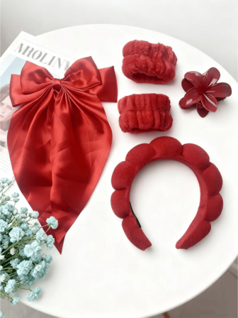 5 Pieces Of Women's Red Hair Accessories Combination Set, Sponge Spa Headband Headband, Wrist Strap And Large Flower Clip, Delicate And Elegant Bow Long Floating Hairpin, Daily Versatile Practical Face Washing Gift Set, Bubble Makeup Washing, Facial Mask, Skin Care Hair Supplies Hair Accessories Set, Suitable For Parties, Travel, Friends, Friends, Friends, Elder Friends, Gifts And Daily Use, Claw Clips