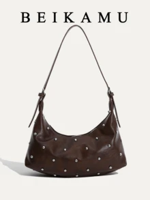 BEIKAMU Fashion Rivet Decor PU Crossbody Bag, Adjustable Shoulder Strap Zipper Closure Versatile Shoulder Bag Messenger Bag, Suitable For University, Commuting, Shopping, Strolling, Daily Use - Coffee - View 2