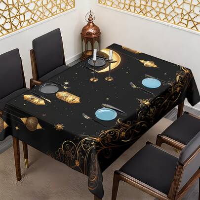 1/20pcs Set Luxury Black Background Tablecloth With Gold Moon & Lantern Pattern, Arabic Style, Suitable For Indoor/Outdoor Use, Perfect For Holiday Parties, Events, Dining Table Decor