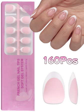 160片短椭圆形按压式美甲贴片，粉色法式软胶美甲贴片，假指甲套装，可用作DIY美甲，简约百搭，16种尺寸，适合女性