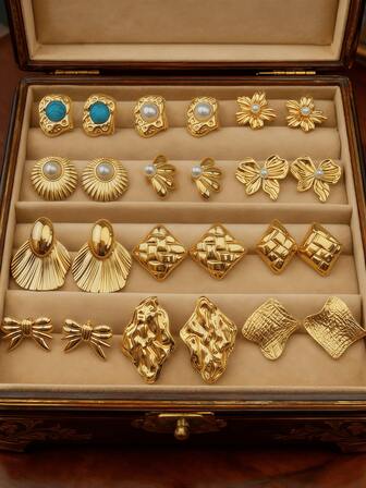 2pcs Vintage Gold-Tone Stud Earrings Retro Pearl Turquoise Textured Flower Bow Geometric Statement Earrings For Women Party Daily Jewelry Gift