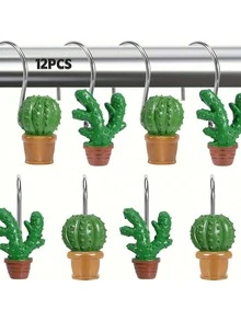 12pcs Rust-Proof Shower Curtain Hooks, Metal Decorative Shower Curtain Rings, Stainless Steel Shower Curtain Rod Hooks, Tropical Summer Resin Cactus Bathroom Accessories - Green - View 8