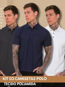 Kit Of 3 Premium Polyamide Polo Shirts For Men With Collar And Buttons, Breathable Fabric - Lead/Navy/White - View 1