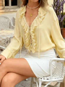 Women's Cream Ruffled Tie Front Blouse, Long Sleeve Bell Sleeve With V Neck, Lace Trimmed Ruched Crop Top For Fall Layering & Elegant Streetwear - 黃色 - 查看 7