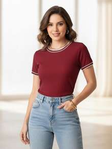 Women's Basic Short-Sleeve Round Neck Blouse In Ribbed Fabric With Details On The Neck And Sleeves - Burgundy - View 1