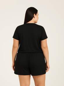 Women's Plus Size Pajama Set With Star Print And Short Sleeves - Black - View 6
